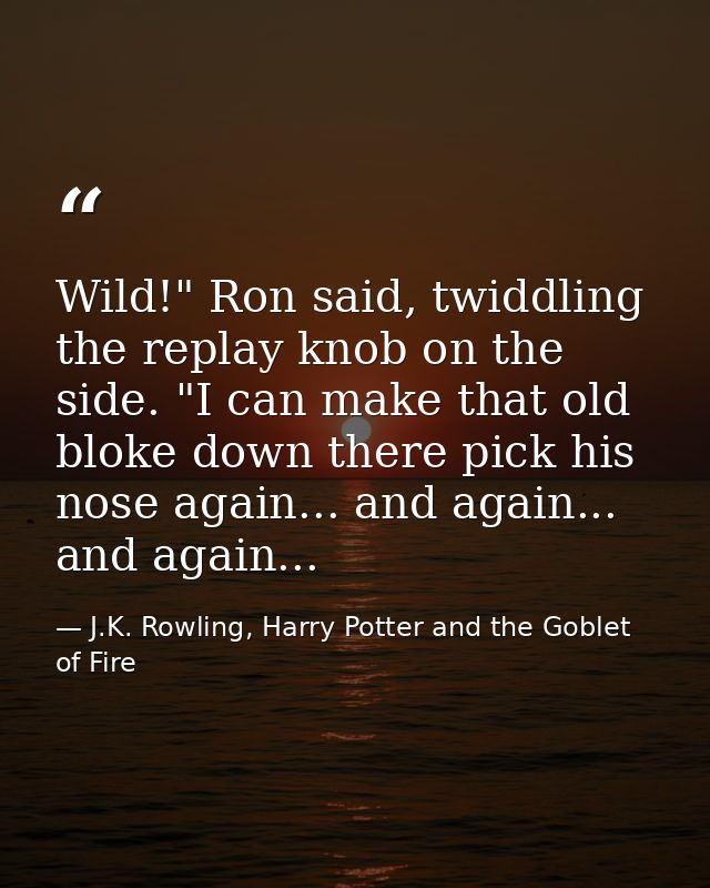 Wild!" Ron said, twiddling the replay knob on the side. "I can make that old bloke down there pick his nose again... and — J.K. Rowling, Harry Potter and the Goblet of Fire