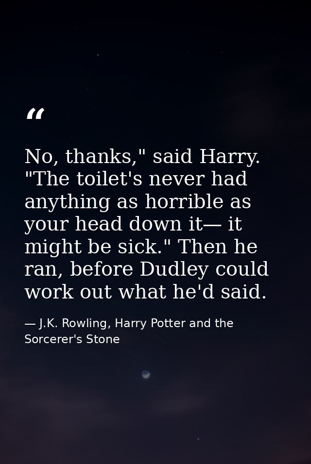 No, thanks," said Harry. "The toilet's never had anything as horrible as your head down it— it might be sick." Then he r — J.K. Rowling, Harry Potter and the Sorcerer's Stone
