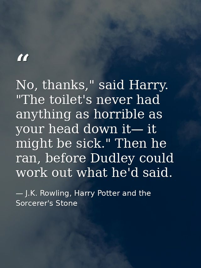 No, thanks," said Harry. "The toilet's never had anything as horrible as your head down it— it might be sick." Then he r — J.K. Rowling, Harry Potter and the Sorcerer's Stone