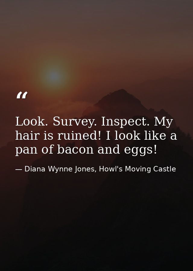 Look. Survey. Inspect. My hair is ruined! I look like a pan of bacon and eggs! — Diana Wynne Jones, Howl's Moving Castle