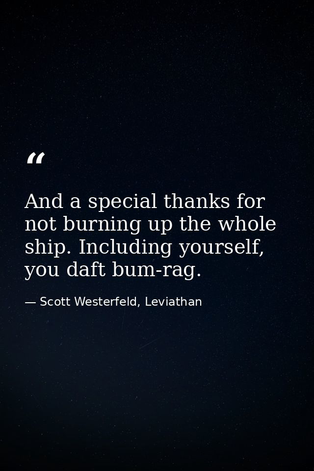 And a special thanks for not burning up the whole ship. Including yourself, you daft bum-rag. — Scott Westerfeld, Leviathan