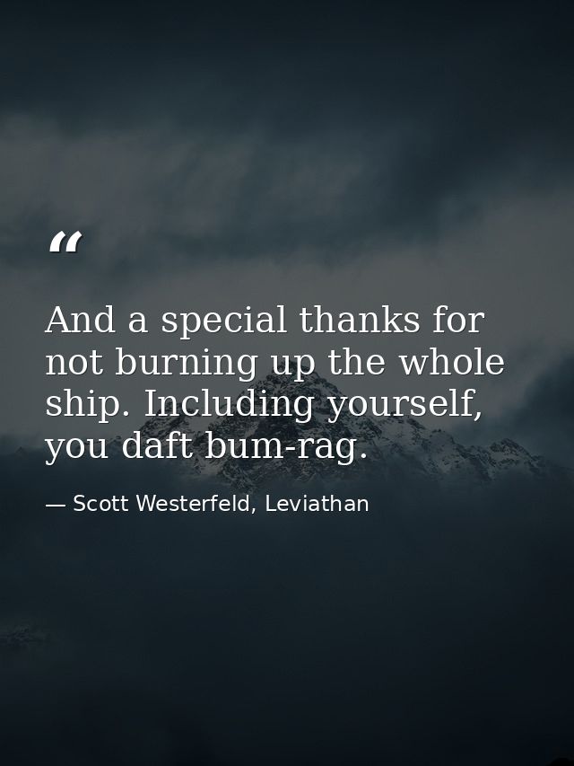 And a special thanks for not burning up the whole ship. Including yourself, you daft bum-rag. — Scott Westerfeld, Leviathan