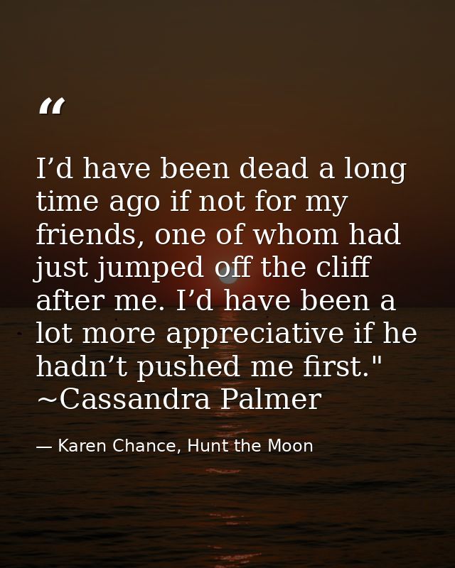 I’d have been dead a long time ago if not for my friends, one of whom had just jumped off the cliff after me. I’d have b — Karen Chance, Hunt the Moon