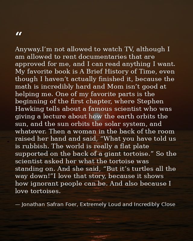 Anyway.I’m not allowed to watch TV, although I am allowed to rent documentaries that are approved for me, and I can read — Jonathan Safran Foer, Extremely Loud and Incredibly Close