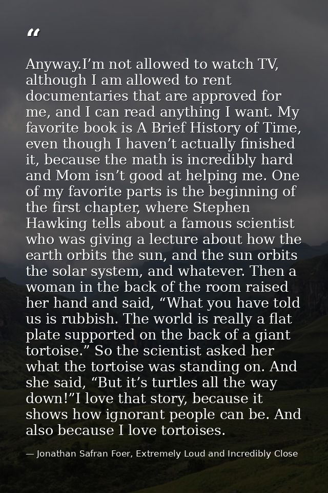 Anyway.I’m not allowed to watch TV, although I am allowed to rent documentaries that are approved for me, and I can read — Jonathan Safran Foer, Extremely Loud and Incredibly Close