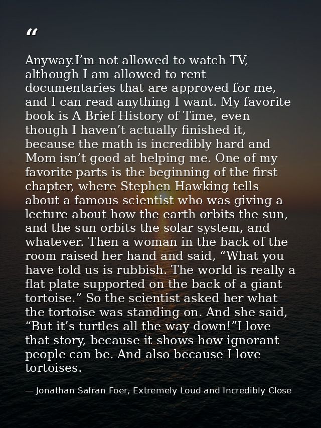 Anyway.I’m not allowed to watch TV, although I am allowed to rent documentaries that are approved for me, and I can read — Jonathan Safran Foer, Extremely Loud and Incredibly Close