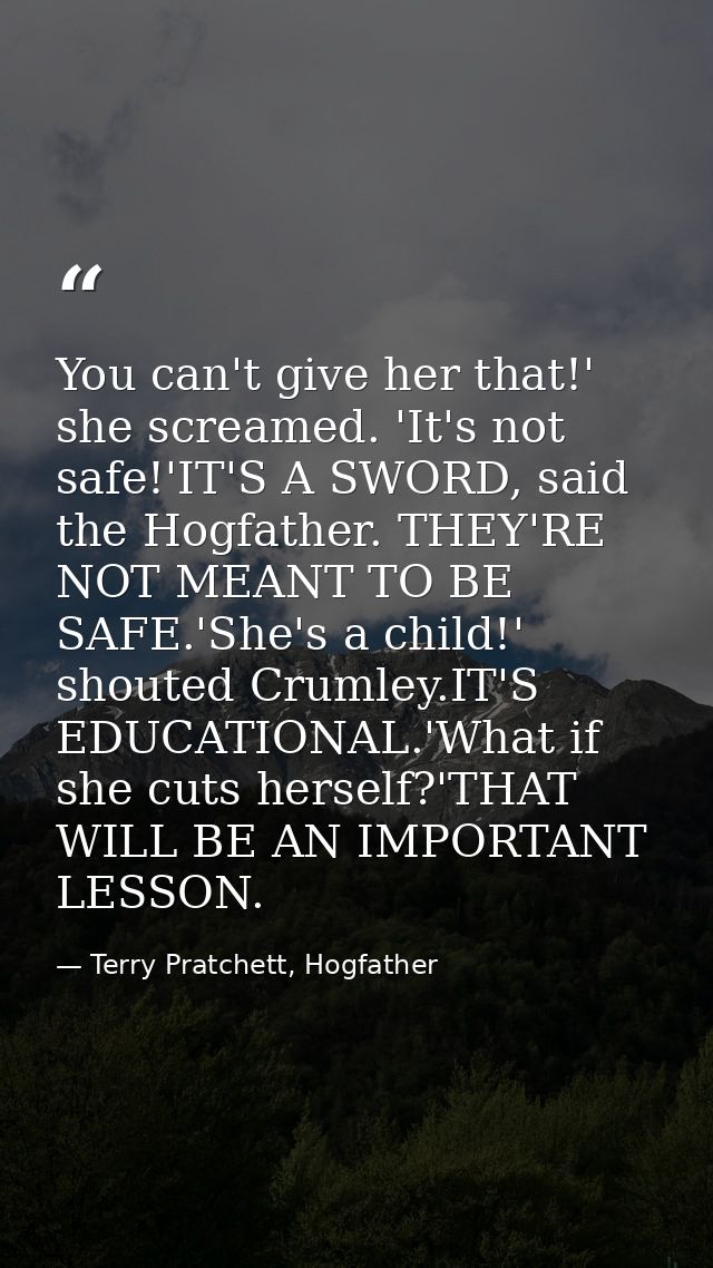 You can't give her that!' she screamed. 'It's not safe!'IT'S A SWORD, said the Hogfather. THEY'RE NOT MEANT TO BE SAFE.' — Terry Pratchett, Hogfather