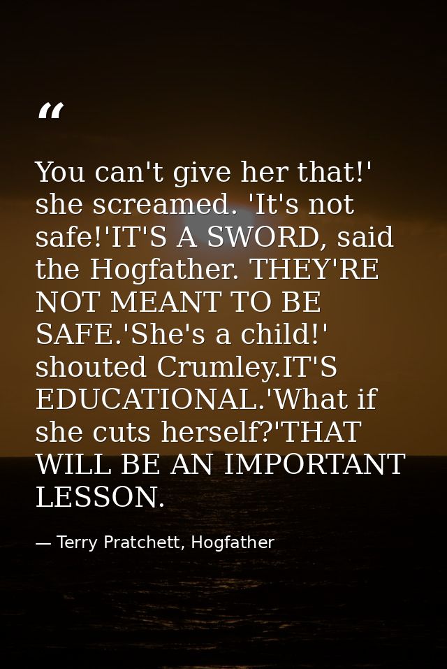 You can't give her that!' she screamed. 'It's not safe!'IT'S A SWORD, said the Hogfather. THEY'RE NOT MEANT TO BE SAFE.' — Terry Pratchett, Hogfather