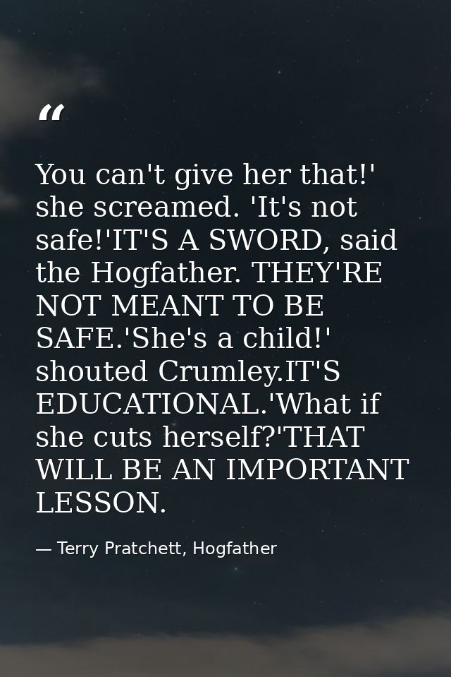 You can't give her that!' she screamed. 'It's not safe!'IT'S A SWORD, said the Hogfather. THEY'RE NOT MEANT TO BE SAFE.' — Terry Pratchett, Hogfather
