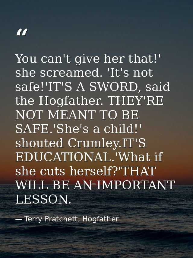 You can't give her that!' she screamed. 'It's not safe!'IT'S A SWORD, said the Hogfather. THEY'RE NOT MEANT TO BE SAFE.' — Terry Pratchett, Hogfather