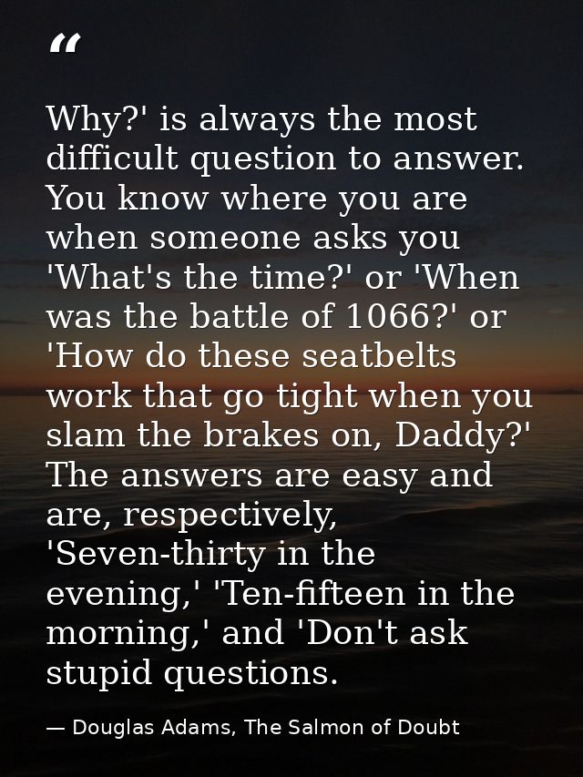 Why?' is always the most difficult question to answer. You know where you are when someone asks you 'What's the time?' o — Douglas Adams, The Salmon of Doubt