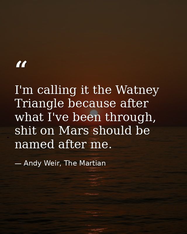 I'm calling it the Watney Triangle because after what I've been through, shit on Mars should be named after me. — Andy Weir, The Martian