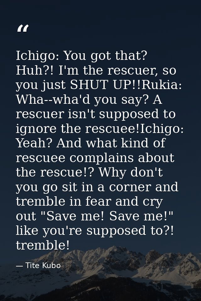 Ichigo: You got that? Huh?! I'm the rescuer, so you just SHUT UP!!Rukia: Wha--wha'd you say? A rescuer isn't supposed to — Tite Kubo