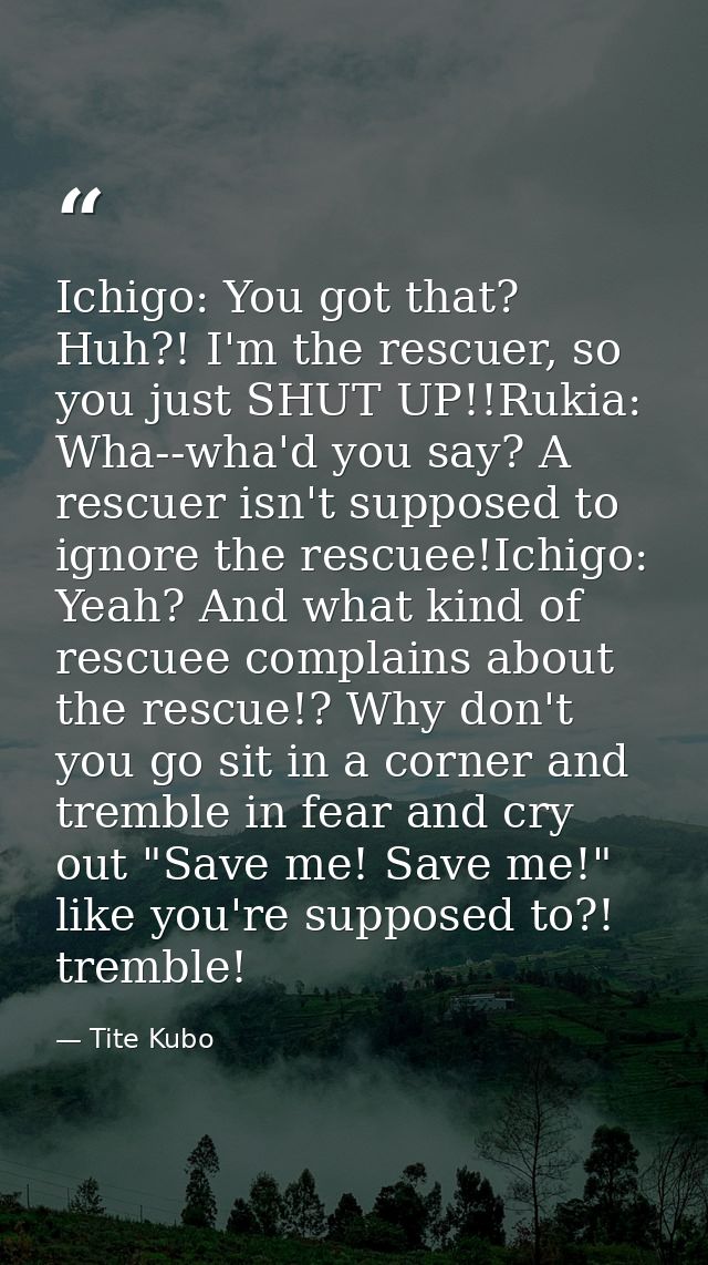 Ichigo: You got that? Huh?! I'm the rescuer, so you just SHUT UP!!Rukia: Wha--wha'd you say? A rescuer isn't supposed to — Tite Kubo