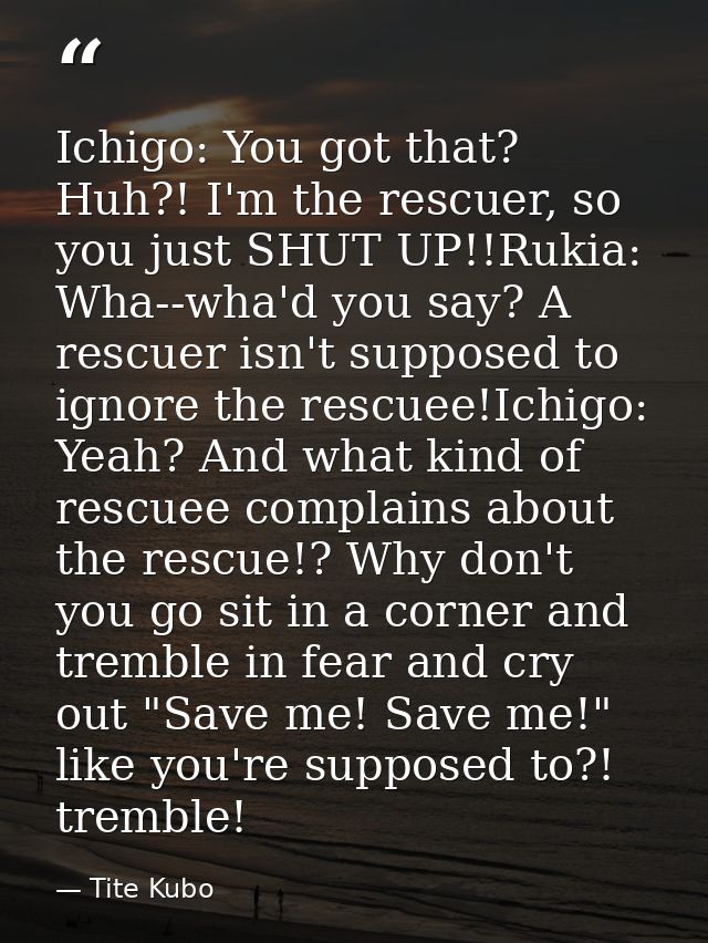 Ichigo: You got that? Huh?! I'm the rescuer, so you just SHUT UP!!Rukia: Wha--wha'd you say? A rescuer isn't supposed to — Tite Kubo