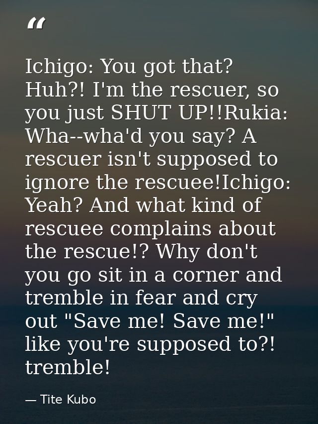 Ichigo: You got that? Huh?! I'm the rescuer, so you just SHUT UP!!Rukia: Wha--wha'd you say? A rescuer isn't supposed to — Tite Kubo