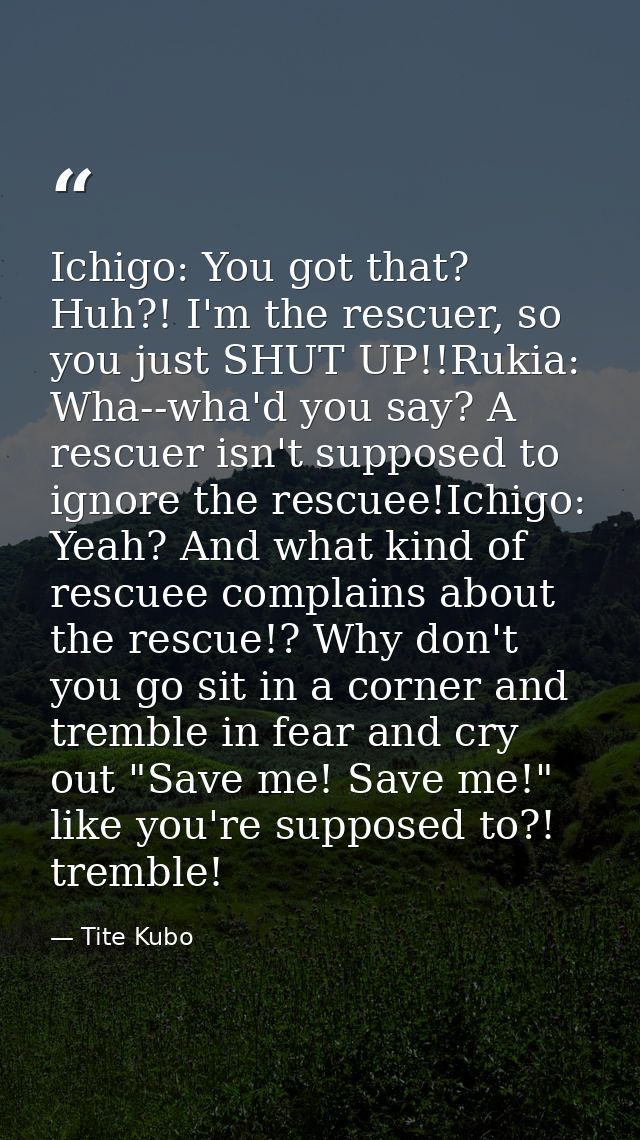 Ichigo: You got that? Huh?! I'm the rescuer, so you just SHUT UP!!Rukia: Wha--wha'd you say? A rescuer isn't supposed to — Tite Kubo