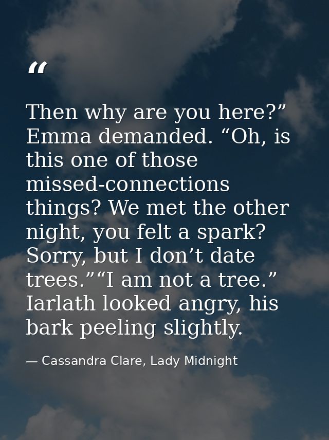 Then why are you here?” Emma demanded. “Oh, is this one of those missed-connections things? We met the other night, you  — Cassandra Clare, Lady Midnight