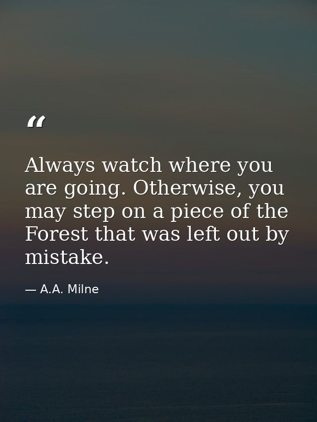 Always watch where you are going. Otherwise, you may step on a piece of the Forest that was left out by mistake. — A.A. Milne