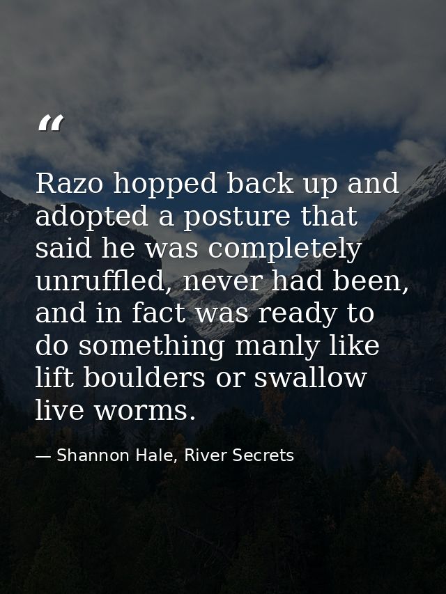 Razo hopped back up and adopted a posture that said he was completely unruffled, never had been, and in fact was ready t — Shannon Hale, River Secrets