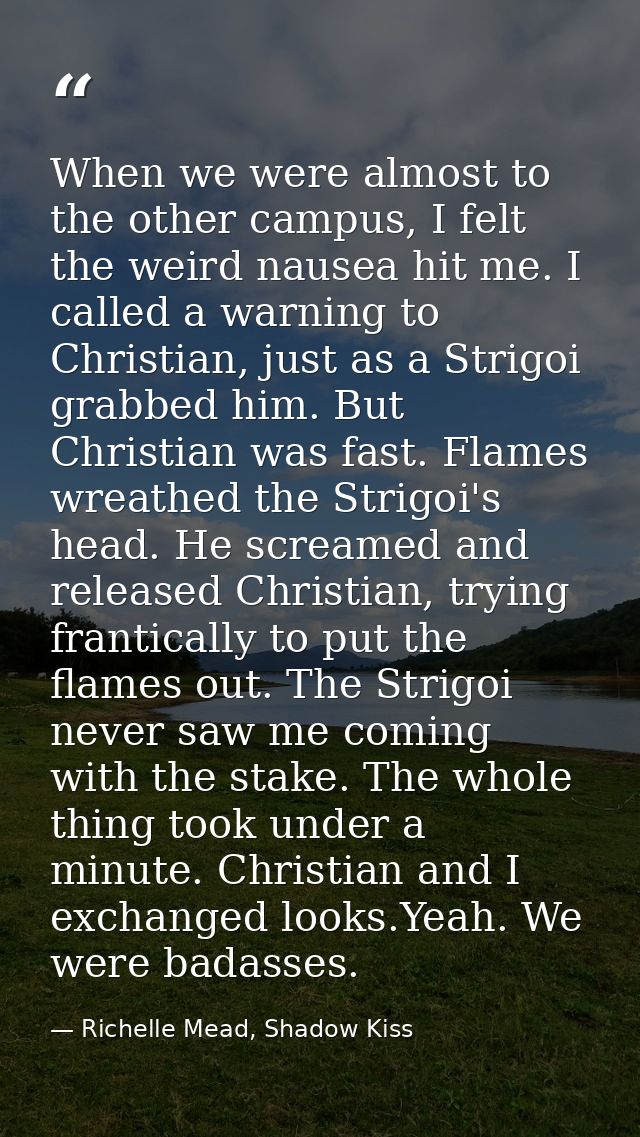 When we were almost to the other campus, I felt the weird nausea hit me. I called a warning to Christian, just as a Stri — Richelle Mead, Shadow Kiss