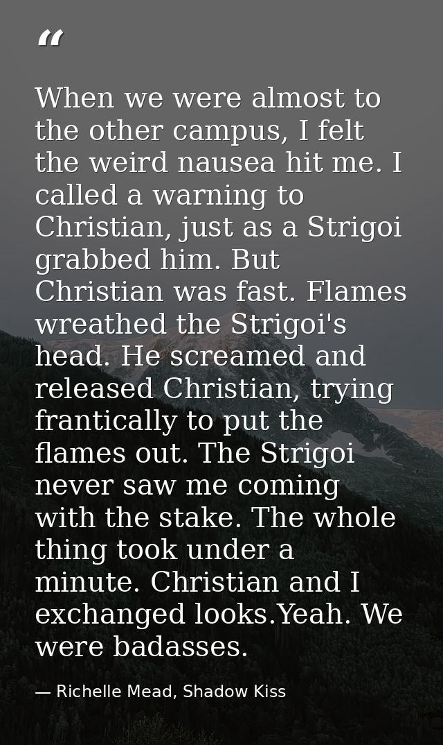 When we were almost to the other campus, I felt the weird nausea hit me. I called a warning to Christian, just as a Stri — Richelle Mead, Shadow Kiss