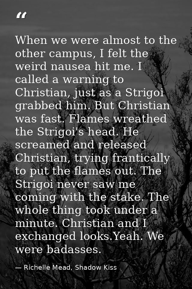 When we were almost to the other campus, I felt the weird nausea hit me. I called a warning to Christian, just as a Stri — Richelle Mead, Shadow Kiss