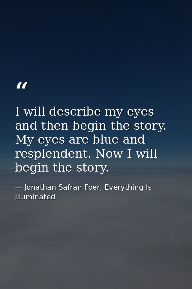 I will describe my eyes and then begin the story. My eyes are blue and resplendent. Now I will begin the story. — Jonathan Safran Foer, Everything Is Illuminated