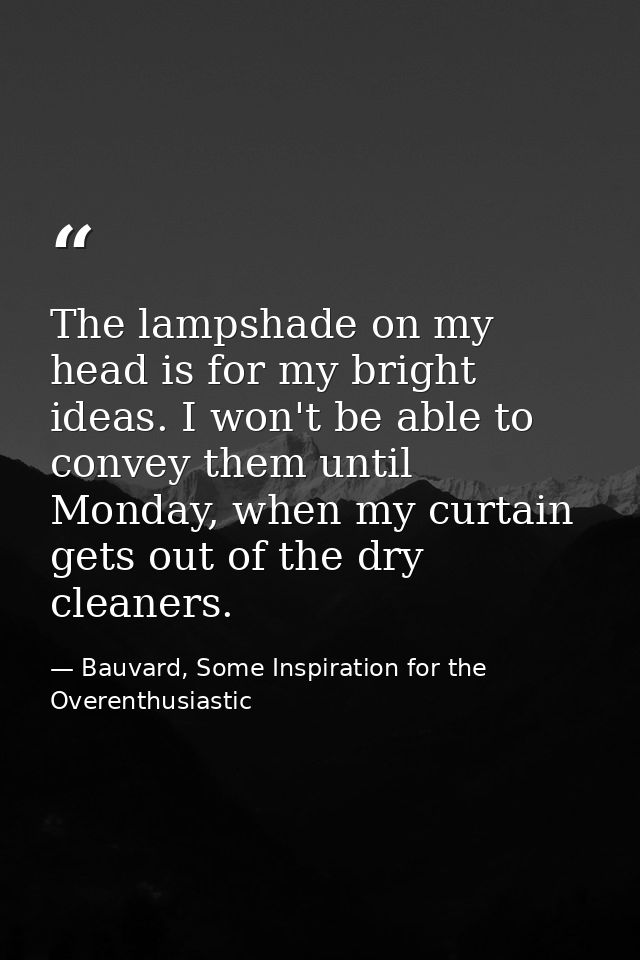 The lampshade on my head is for my bright ideas. I won't be able to convey them until Monday, when my curtain gets out o — Bauvard, Some Inspiration for the Overenthusiastic