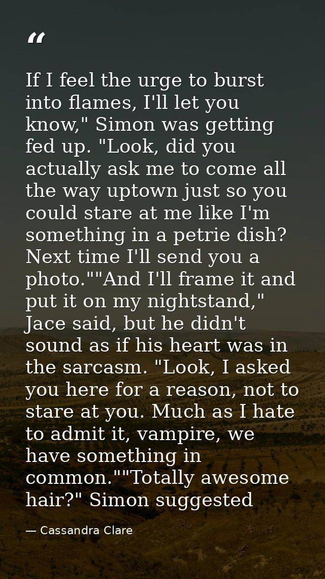 If I feel the urge to burst into flames, I'll let you know," Simon was getting fed up. "Look, did you actually ask me to — Cassandra Clare