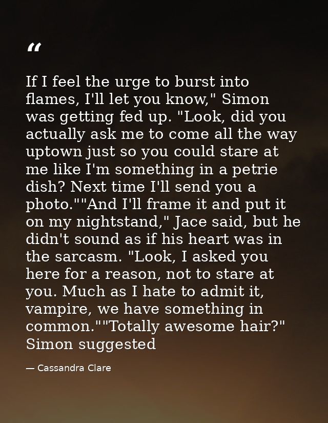 If I feel the urge to burst into flames, I'll let you know," Simon was getting fed up. "Look, did you actually ask me to — Cassandra Clare