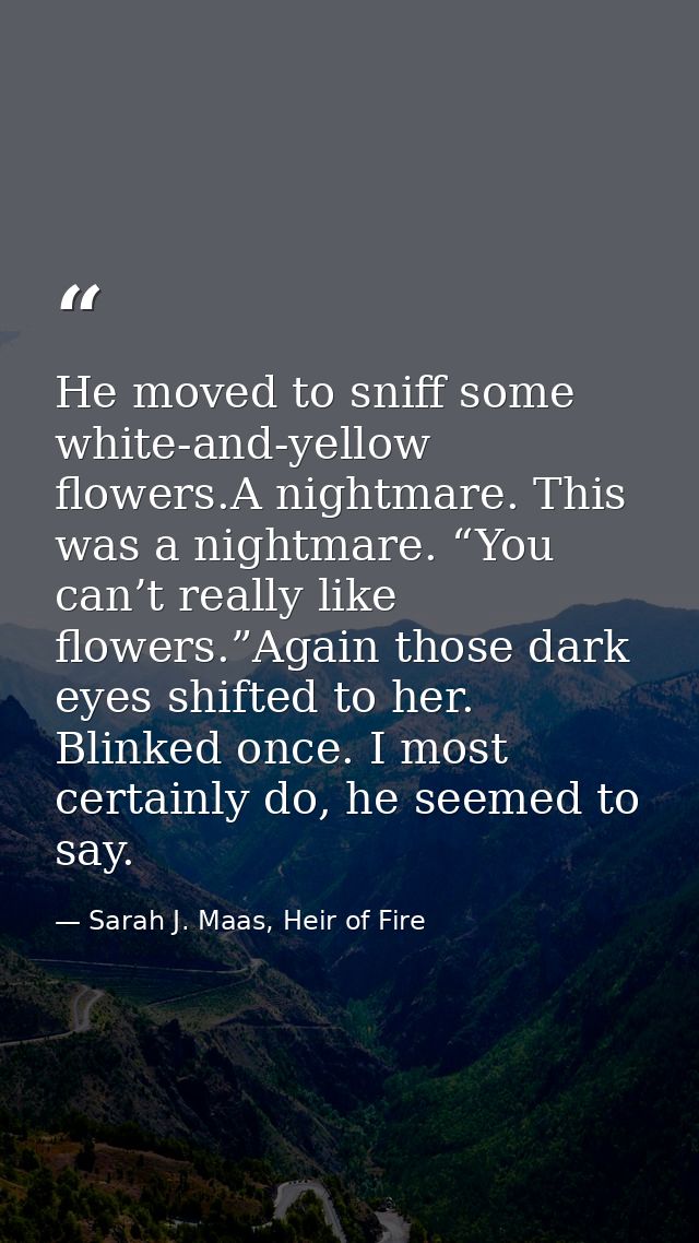He moved to sniff some white-and-yellow flowers.A nightmare. This was a nightmare. “You can’t really like flowers.”Again — Sarah J. Maas, Heir of Fire