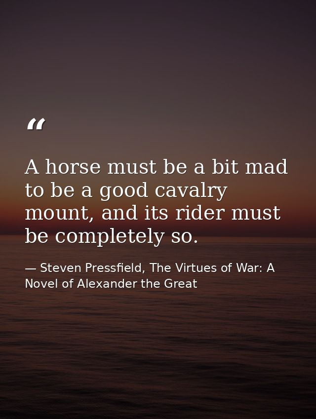 A horse must be a bit mad to be a good cavalry mount, and its rider must be completely so. — Steven Pressfield, The Virtues of War: A Novel of Alexander the Great