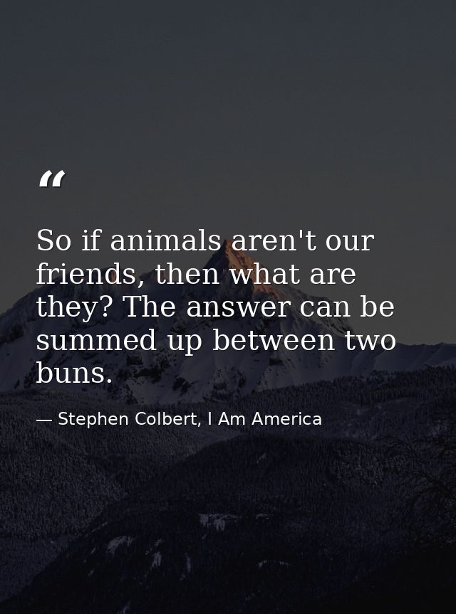 So if animals aren't our friends, then what are they? The answer can be summed up between two buns. — Stephen Colbert, I Am America