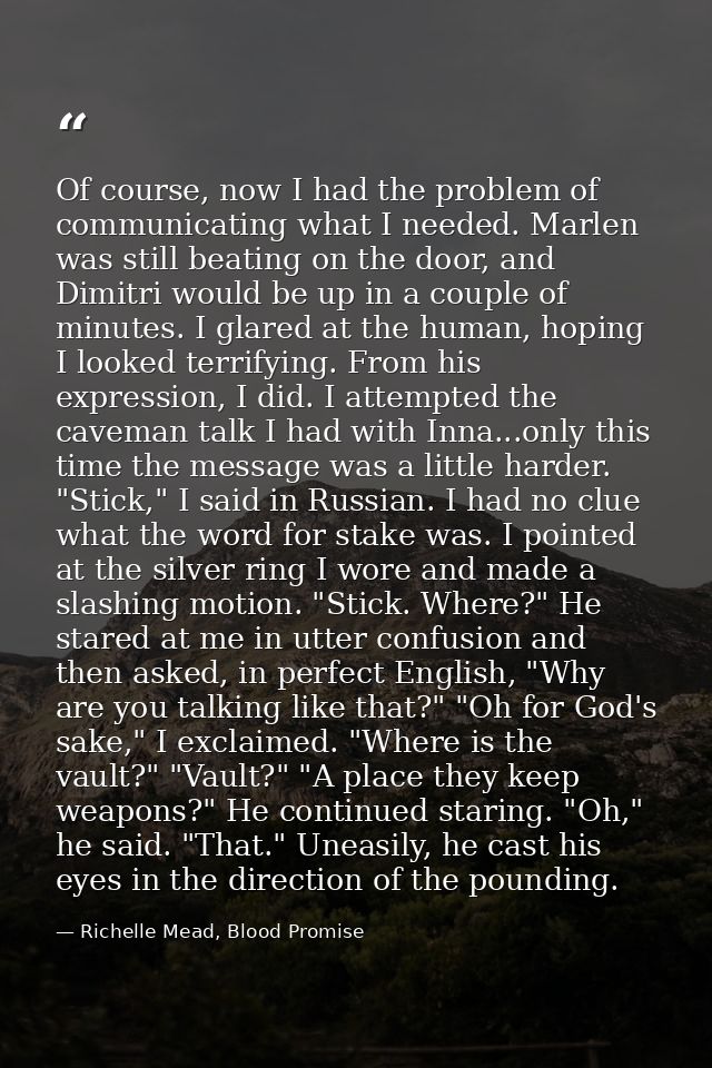 Of course, now I had the problem of communicating what I needed. Marlen was still beating on the door, and Dimitri would — Richelle Mead, Blood Promise