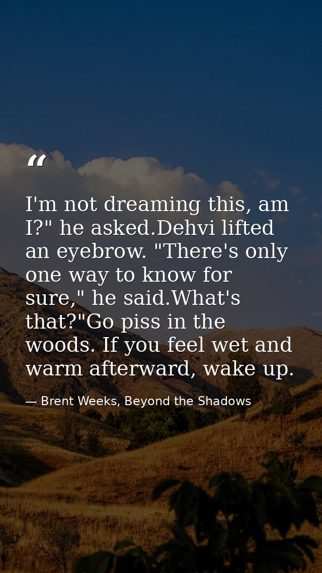 I'm not dreaming this, am I?" he asked.Dehvi lifted an eyebrow. "There's only one way to know for sure," he said.What's  — Brent Weeks, Beyond the Shadows