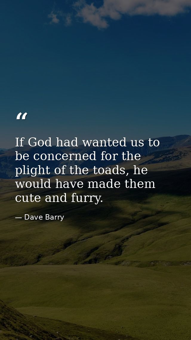 If God had wanted us to be concerned for the plight of the toads, he would have made them cute and furry. — Dave Barry