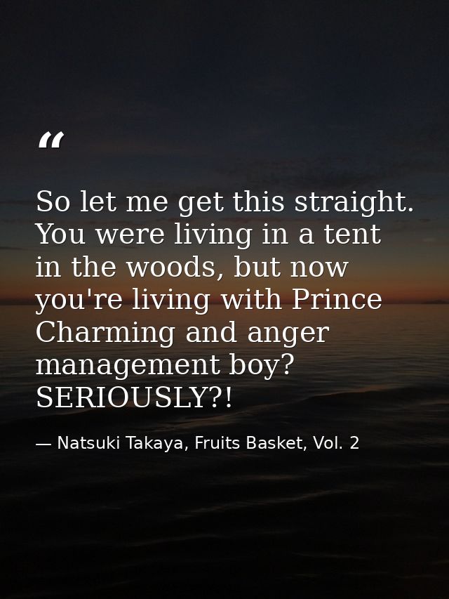 So let me get this straight. You were living in a tent in the woods, but now you're living with Prince Charming and ange — Natsuki Takaya, Fruits Basket, Vol. 2