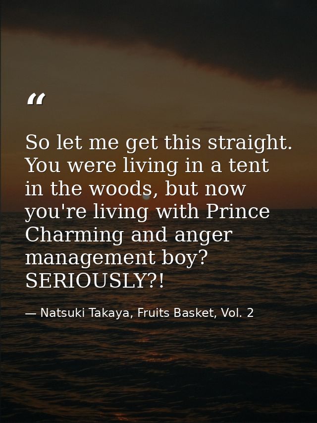 So let me get this straight. You were living in a tent in the woods, but now you're living with Prince Charming and ange — Natsuki Takaya, Fruits Basket, Vol. 2