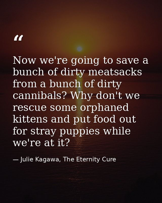Now we're going to save a bunch of dirty meatsacks from a bunch of dirty cannibals? Why don't we rescue some orphaned ki — Julie Kagawa, The Eternity Cure