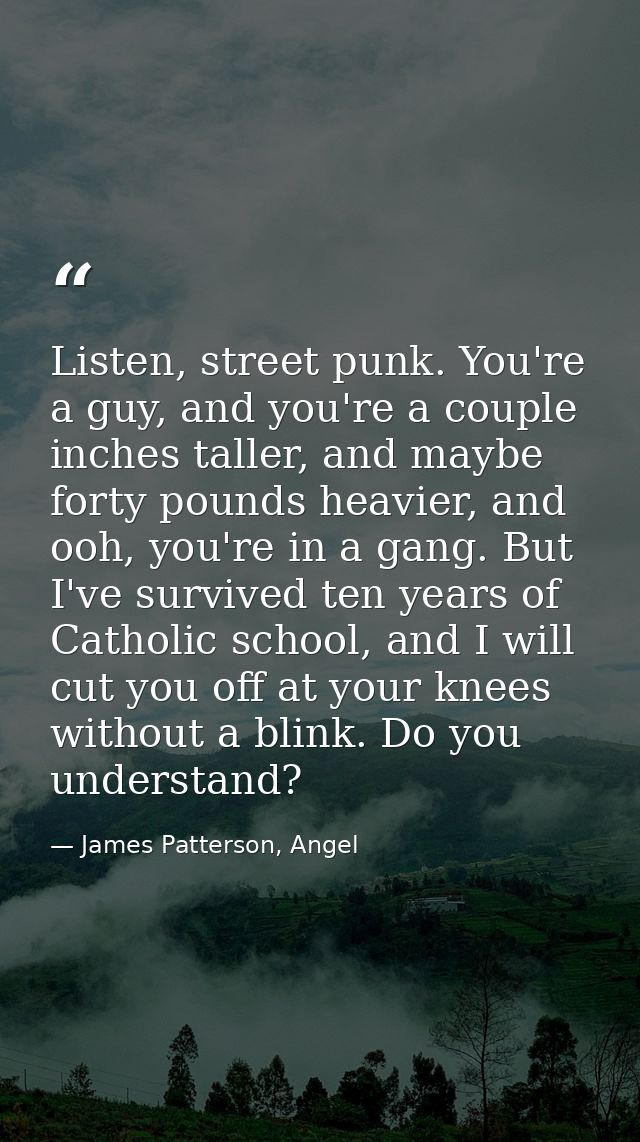 Listen, street punk. You're a guy, and you're a couple inches taller, and maybe forty pounds heavier, and ooh, you're in — James Patterson, Angel