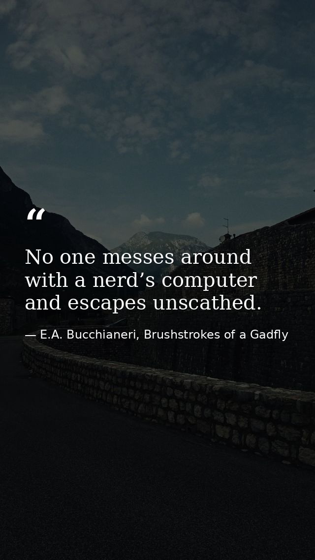 No one messes around with a nerd’s computer and escapes unscathed. — E.A. Bucchianeri, Brushstrokes of a Gadfly