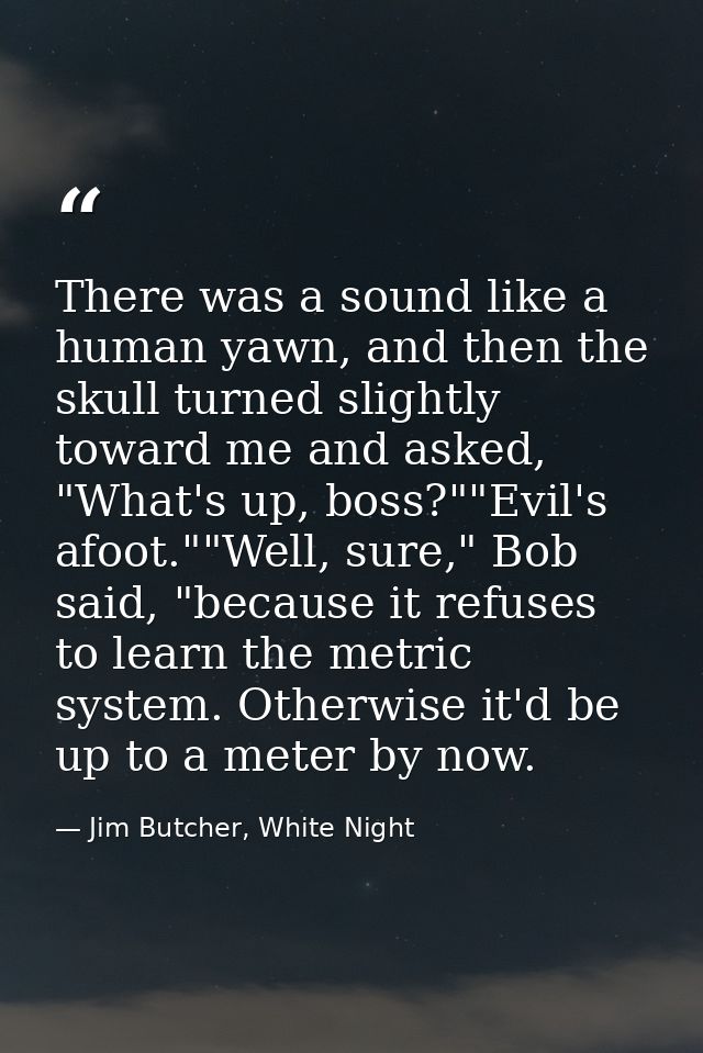 There was a sound like a human yawn, and then the skull turned slightly toward me and asked, "What's up, boss?""Evil's a — Jim Butcher, White Night