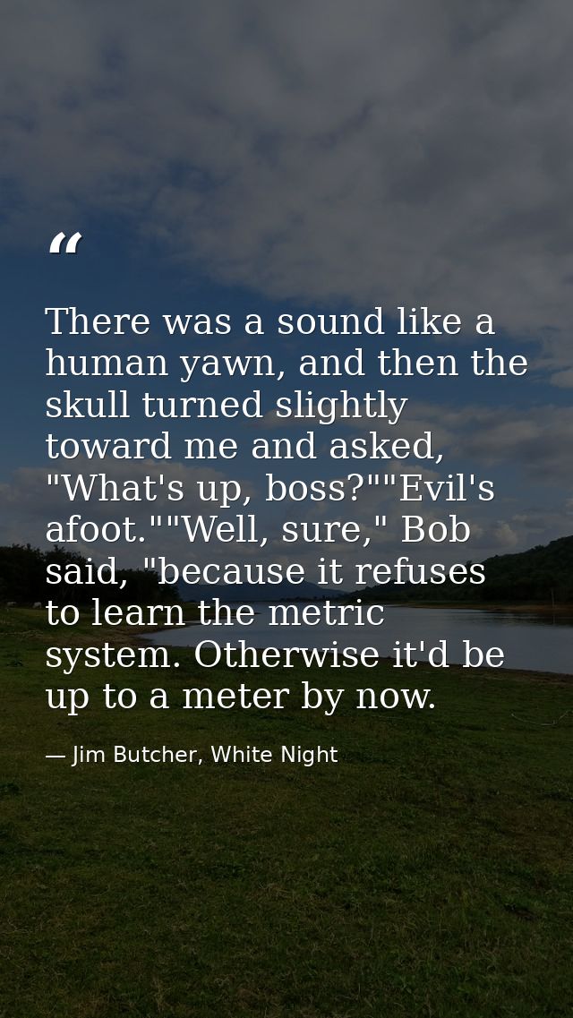 There was a sound like a human yawn, and then the skull turned slightly toward me and asked, "What's up, boss?""Evil's a — Jim Butcher, White Night