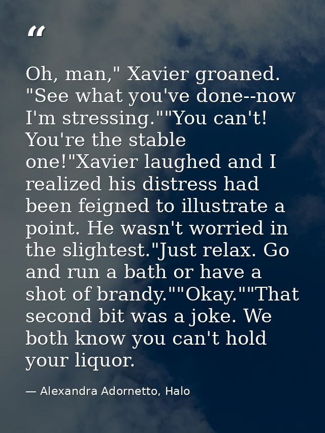 Oh, man," Xavier groaned. "See what you've done--now I'm stressing.""You can't! You're the stable one!"Xavier laughed an — Alexandra Adornetto, Halo