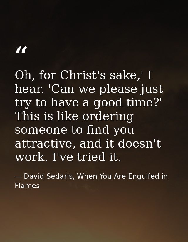 Oh, for Christ's sake,' I hear. 'Can we please just try to have a good time?' This is like ordering someone to find you  — David Sedaris, When You Are Engulfed in Flames