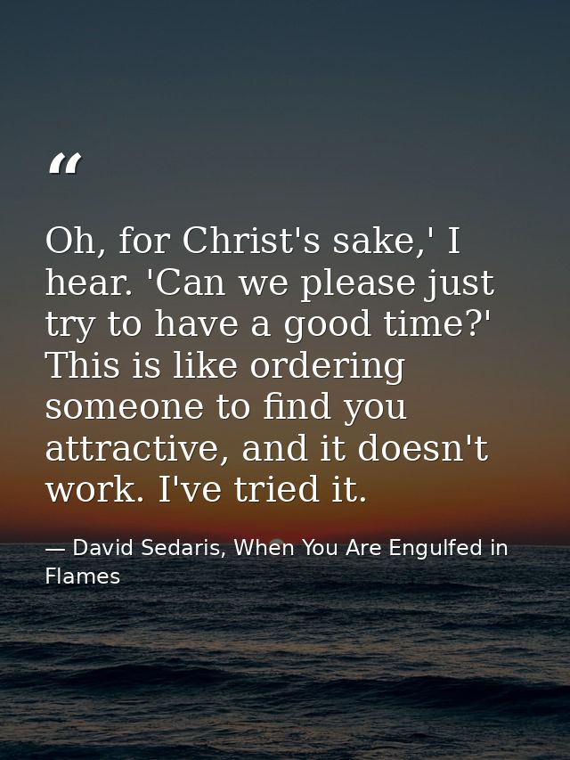 Oh, for Christ's sake,' I hear. 'Can we please just try to have a good time?' This is like ordering someone to find you  — David Sedaris, When You Are Engulfed in Flames