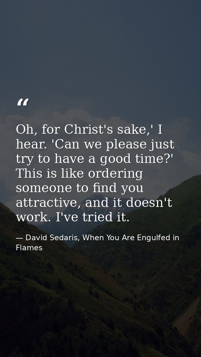 Oh, for Christ's sake,' I hear. 'Can we please just try to have a good time?' This is like ordering someone to find you  — David Sedaris, When You Are Engulfed in Flames
