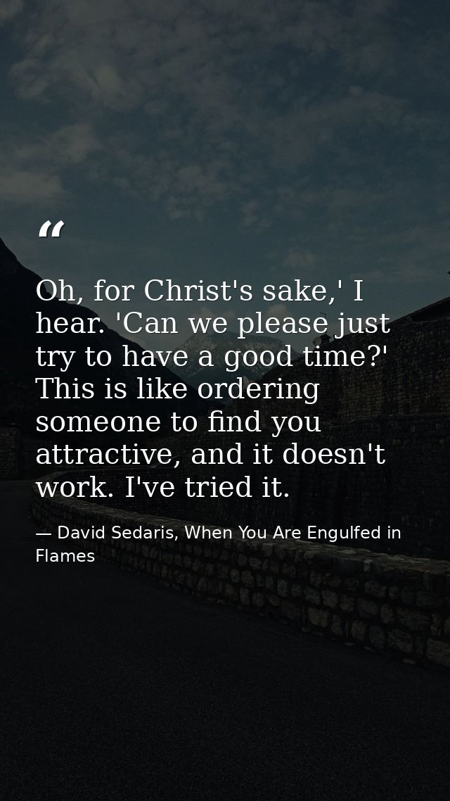 Oh, for Christ's sake,' I hear. 'Can we please just try to have a good time?' This is like ordering someone to find you  — David Sedaris, When You Are Engulfed in Flames