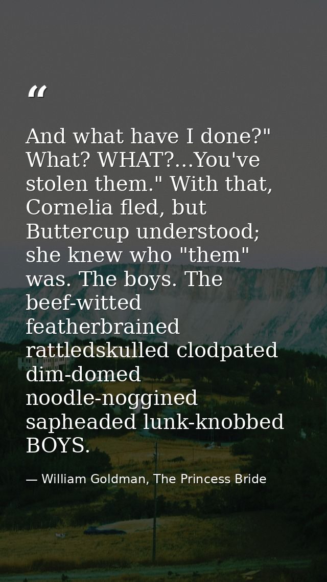 And what have I done?" What? WHAT?...You've stolen them." With that, Cornelia fled, but Buttercup understood; she knew w — William Goldman, The Princess Bride